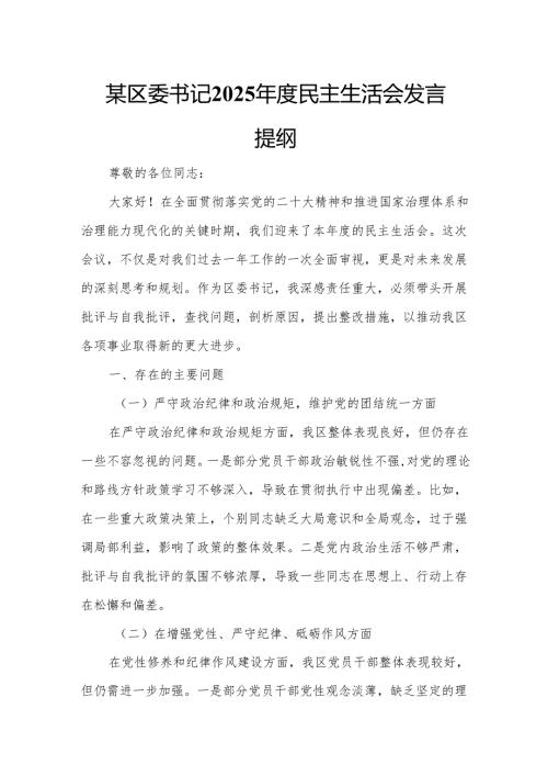 某区委书记2025年度民主生活会发言提纲.docx