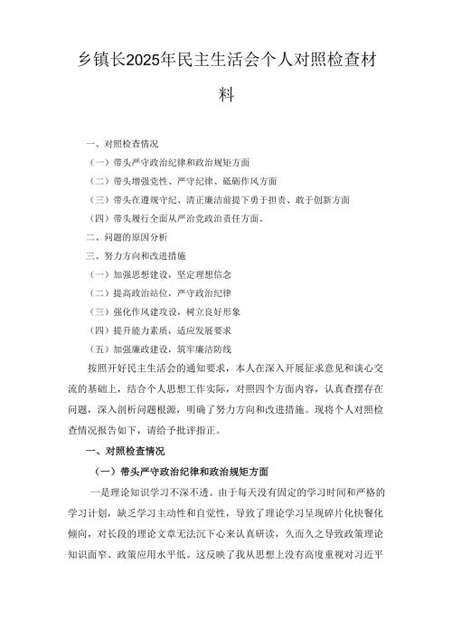乡镇长（2025年）民主生活会个人对照检查材料.docx