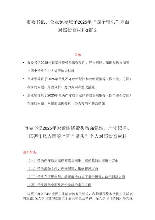 市委书记、企业领导班子2025年“四个带头”方面对照检查材料3篇文.docx