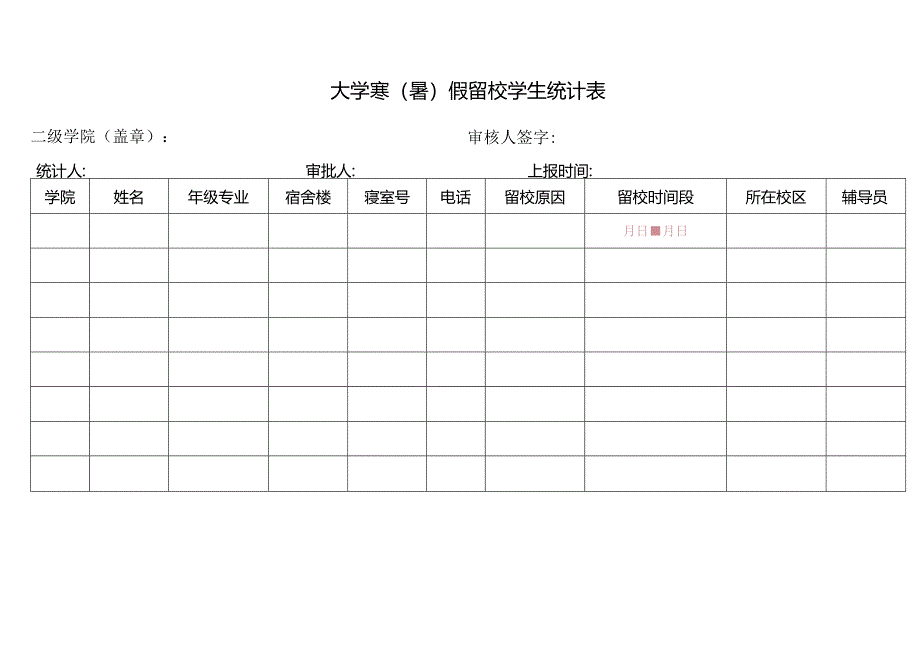 大学寒（暑）假留校学生统计表.docx_第1页