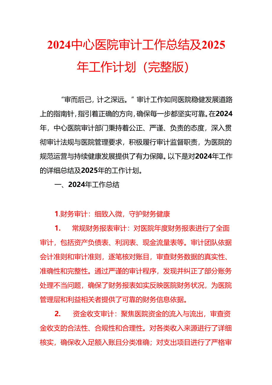 2024中心医院审计工作总结及2025年工作计划（完整版）.docx_第1页