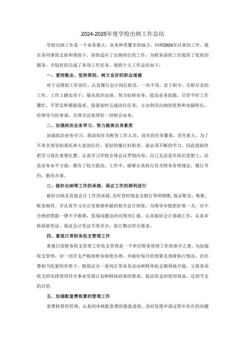 2024-2025年度学校出纳工作总结汇报范文二.docx