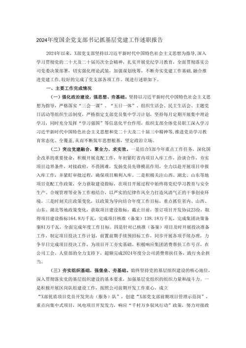 2024年度国企党支部书记抓基层党建工作述职报告.docx