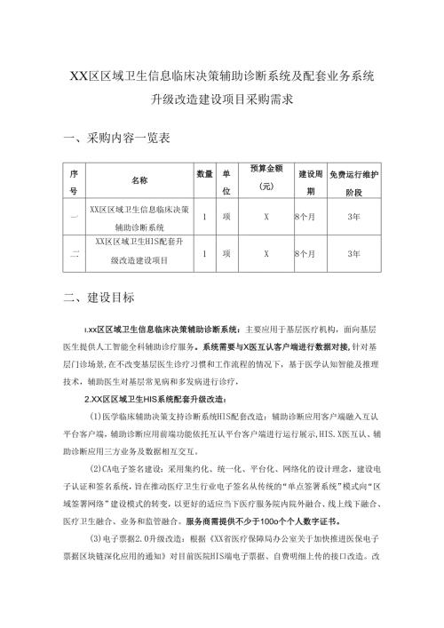 XX区区域卫生信息临床决策辅助诊断系统及配套业务系统升级改造建设项目采购需求.docx