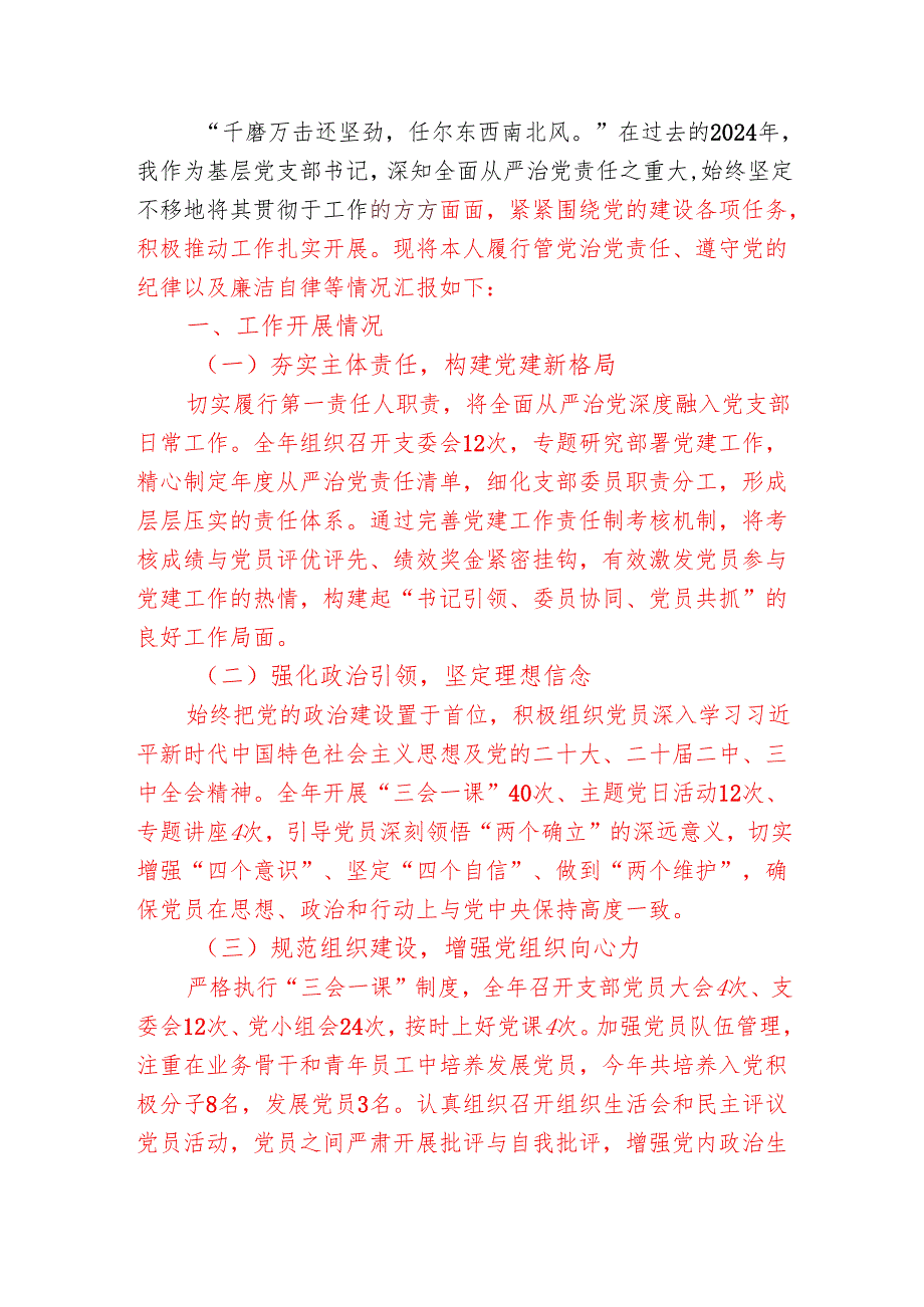 2024 年度党支部书记全面从严治党述责述廉报告（精选）.docx_第2页