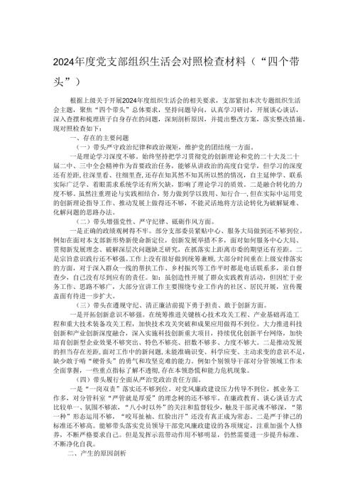 2024年度党支部组织生活会对照检查材料（“四个带头”）.docx