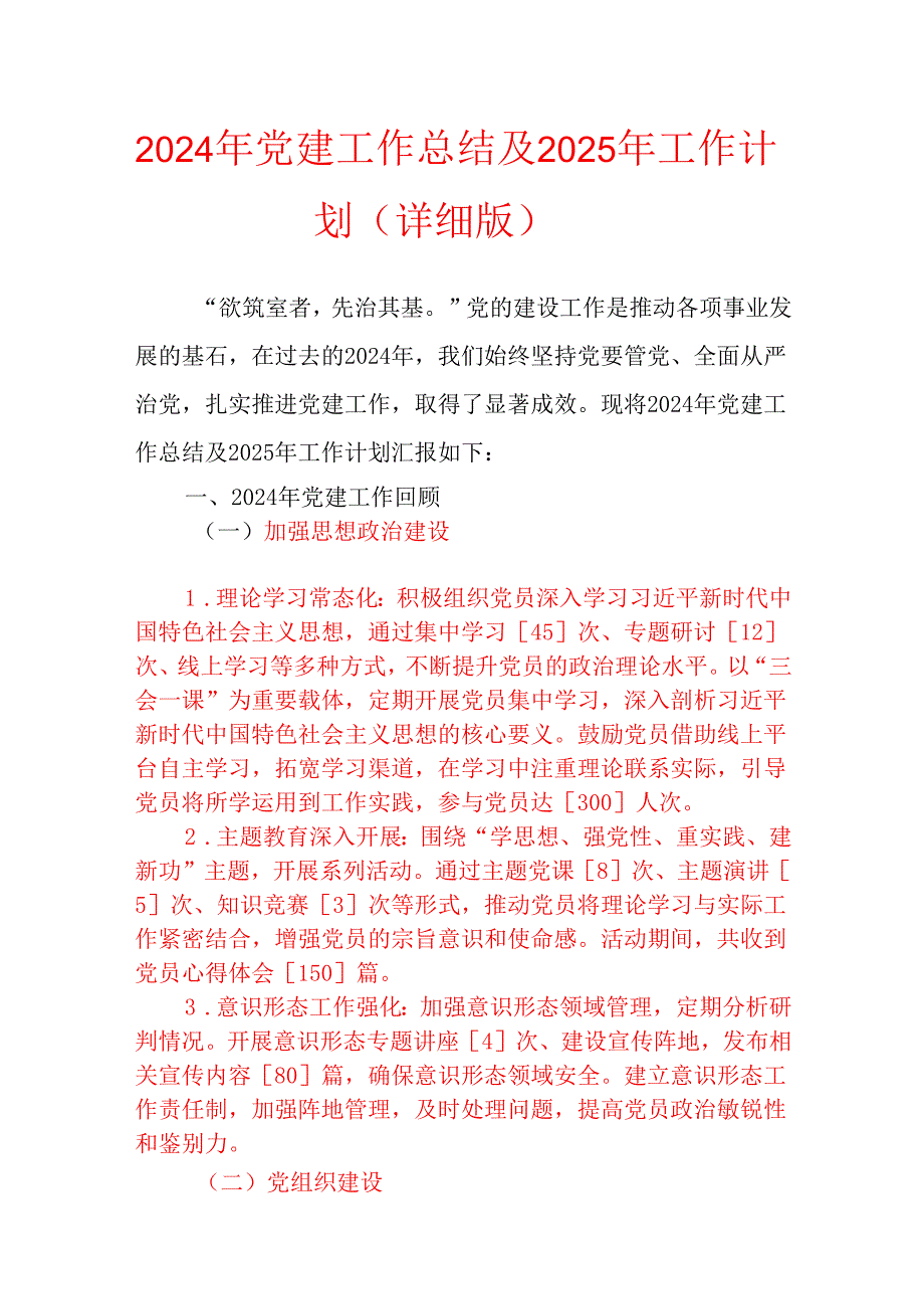2024 年党建工作总结及 2025 年工作计划(详细版).docx_第1页