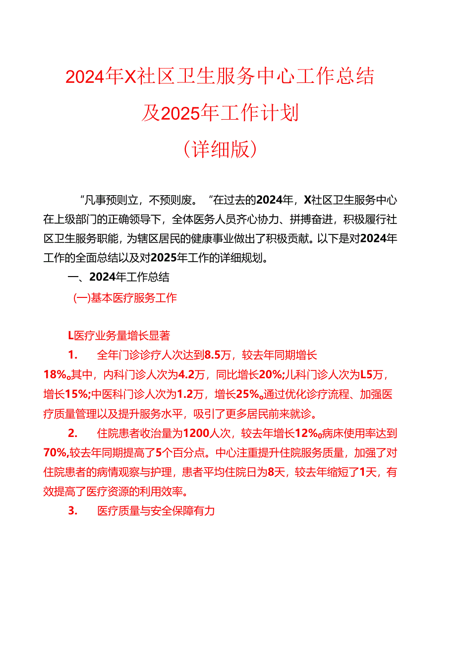 2024年X社区卫生服务中心工作总结及2025年工作计划（详细版）.docx_第1页