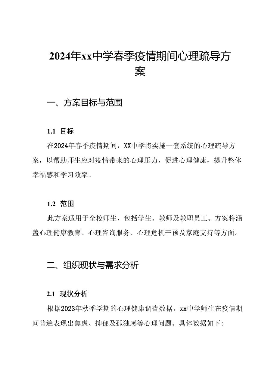 2024年xx中学春季疫情期间心理疏导方案.docx_第1页