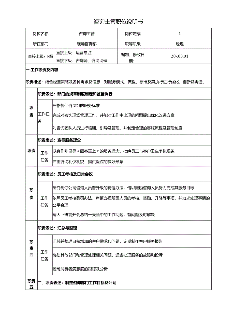 医美整形咨询主管职位说明书.docx_第1页