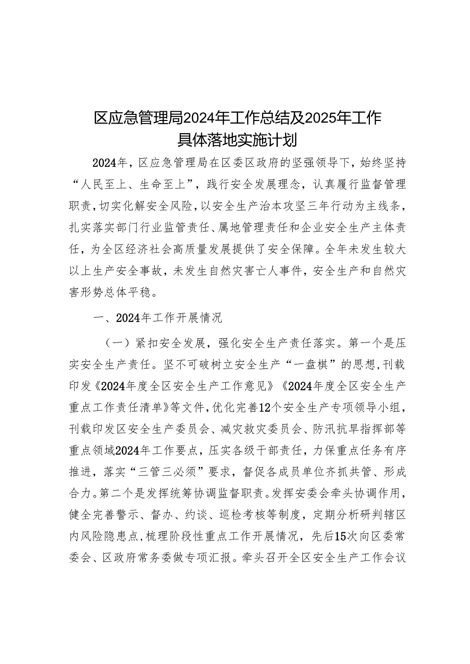 区应急管理局2024年工作总结及2025年工作计划.docx_第1页
