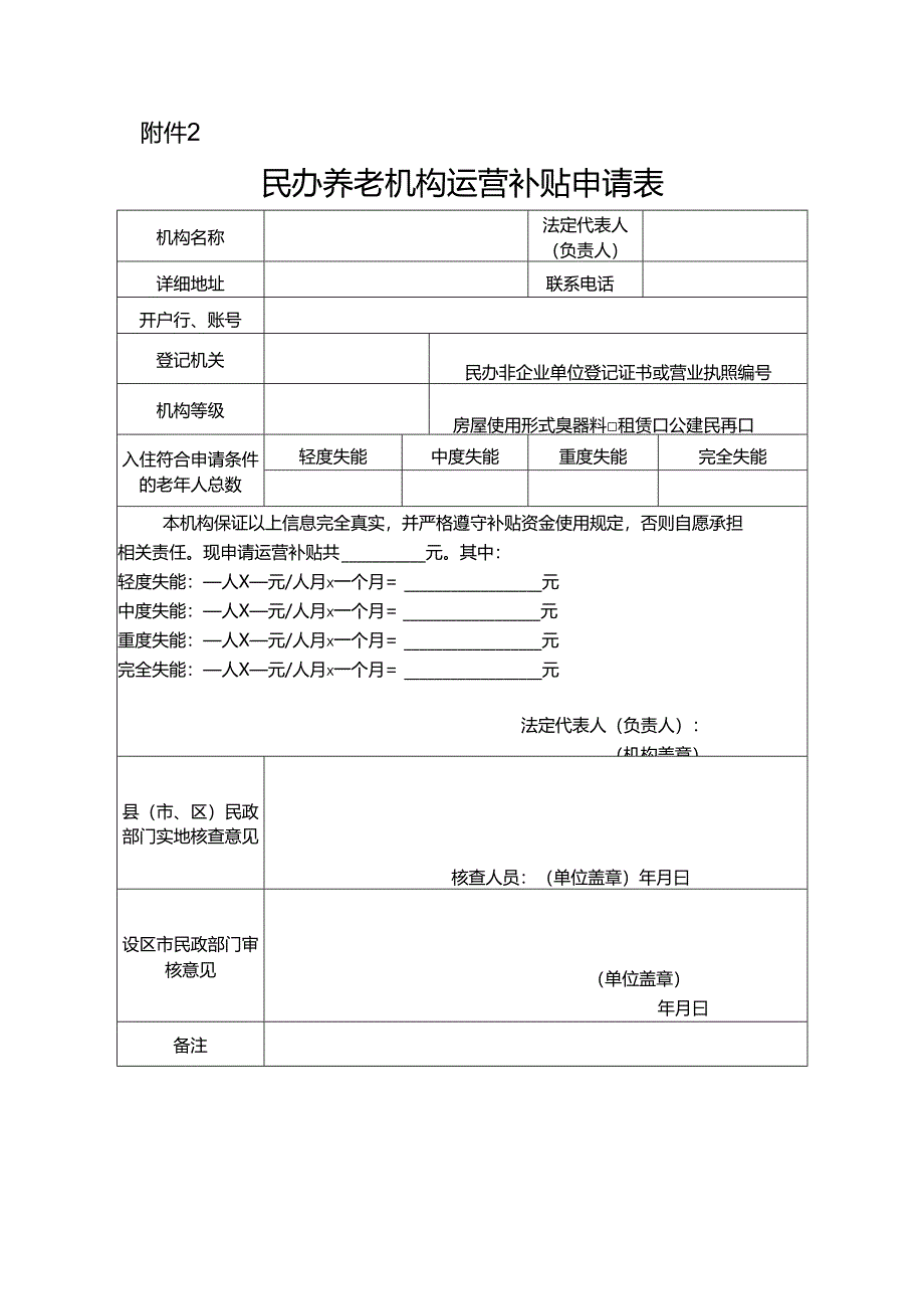 民办养老机构运营补贴申请表.docx_第1页