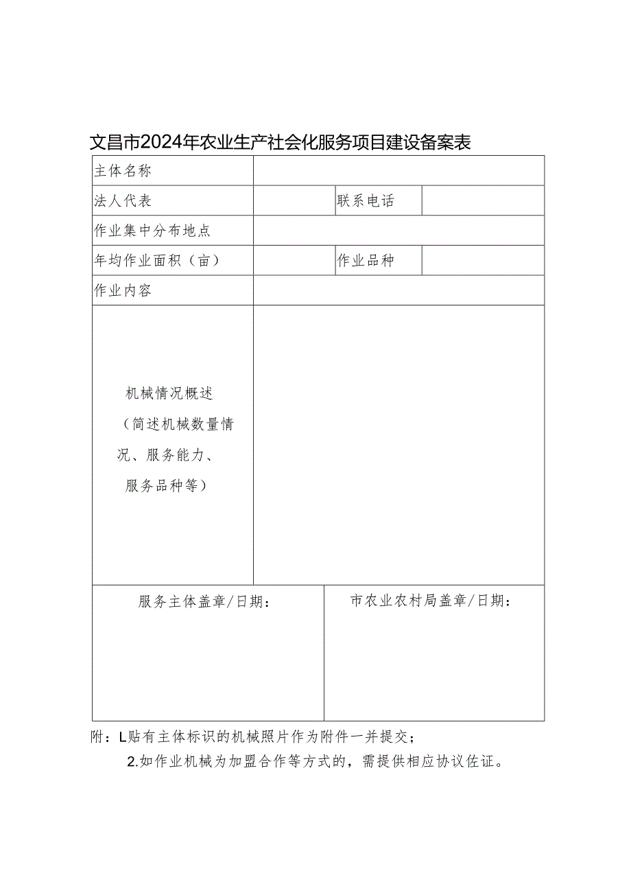 文昌市2024年农业生产社会化服务项目建设备案表.docx_第1页