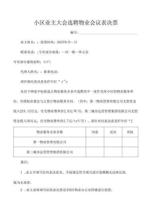 小区业主大会选聘物业会议表决票.docx