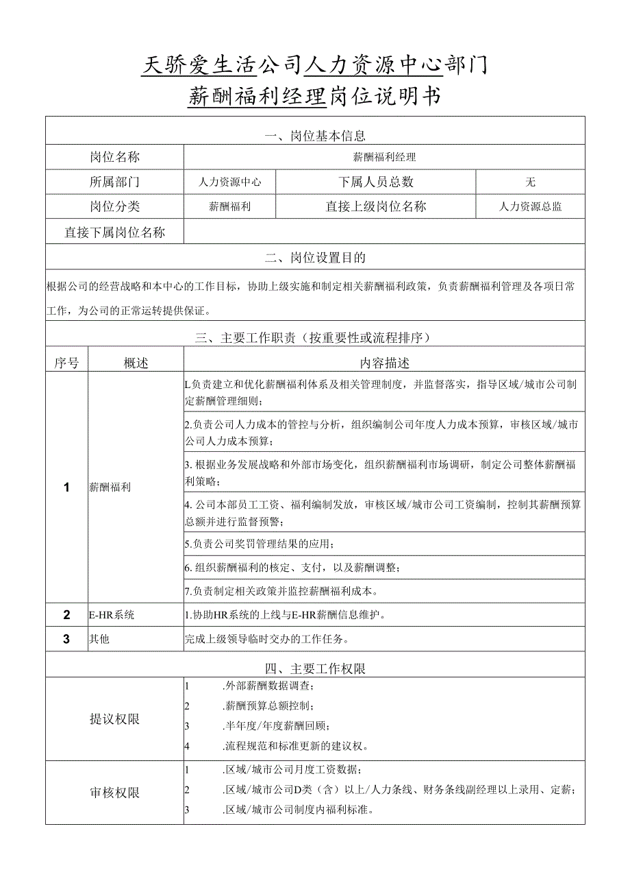 岗位说明书-人力资源中心-薪酬福利岗.docx_第1页