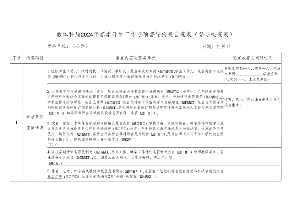 以此件为准喜德县2024春季开学工作专项督导检查自查表（督导检查表）.docx_第1页