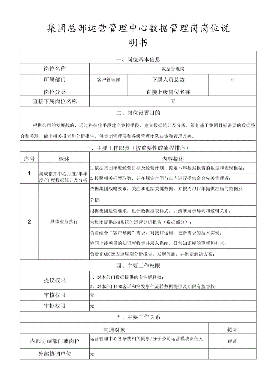 岗位说明书-运营管理中心-数据管理岗.docx_第1页
