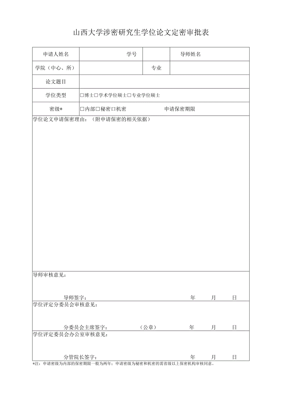 山西大学研究生涉密学位论文定密审批表.docx_第1页