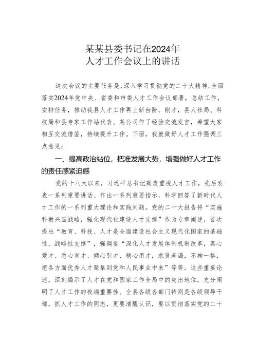 某某县委书记在2024年人才工作会议上的讲话.docx
