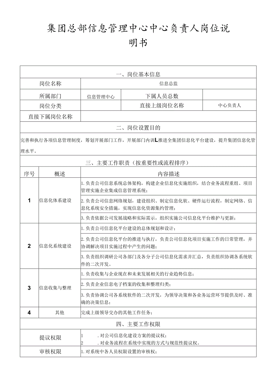 岗位说明书-信息管理中心-中心负责人.docx_第1页