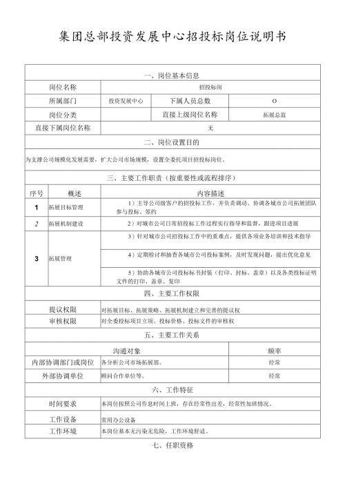 岗位说明书-投资拓展中心-招投标岗.docx
