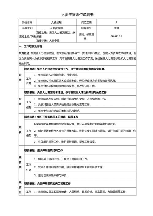医院人资主管职位说明书.docx