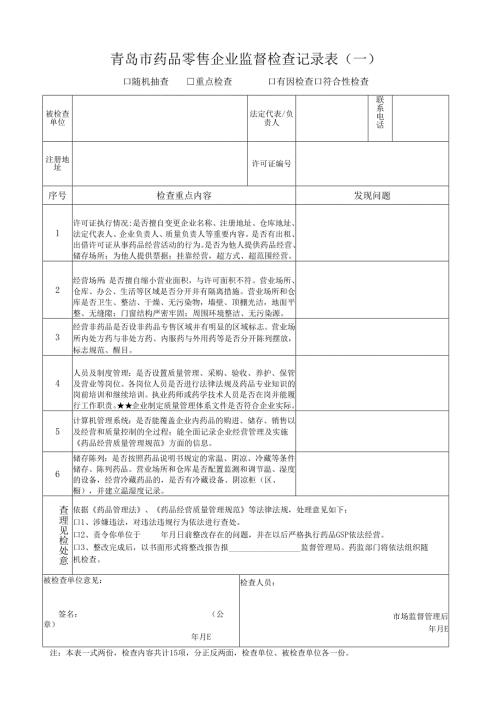青岛市药品零售企业监督检查记录表（一）.docx