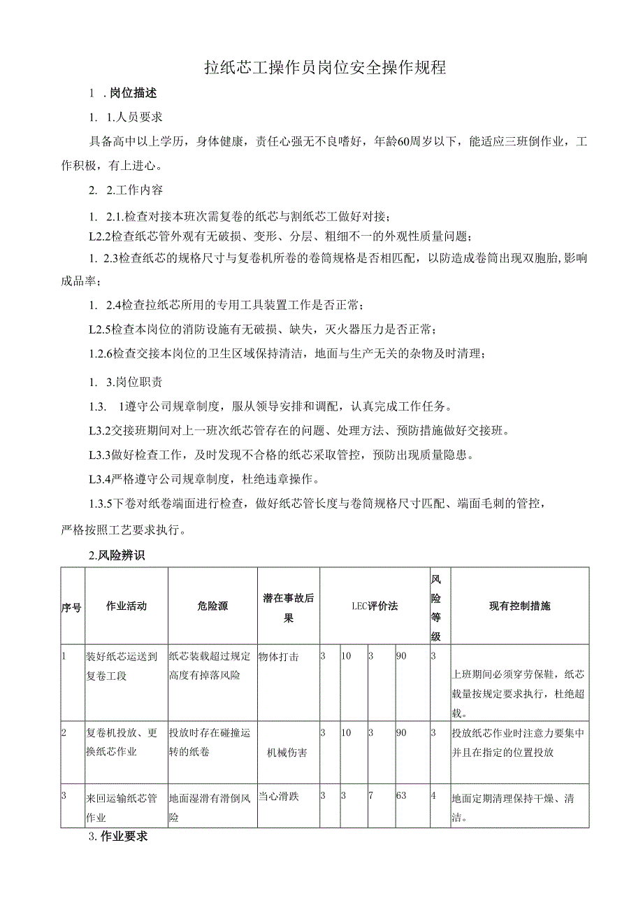 2025纸业公司拉纸芯工操作员岗位安全操作规程.docx_第1页
