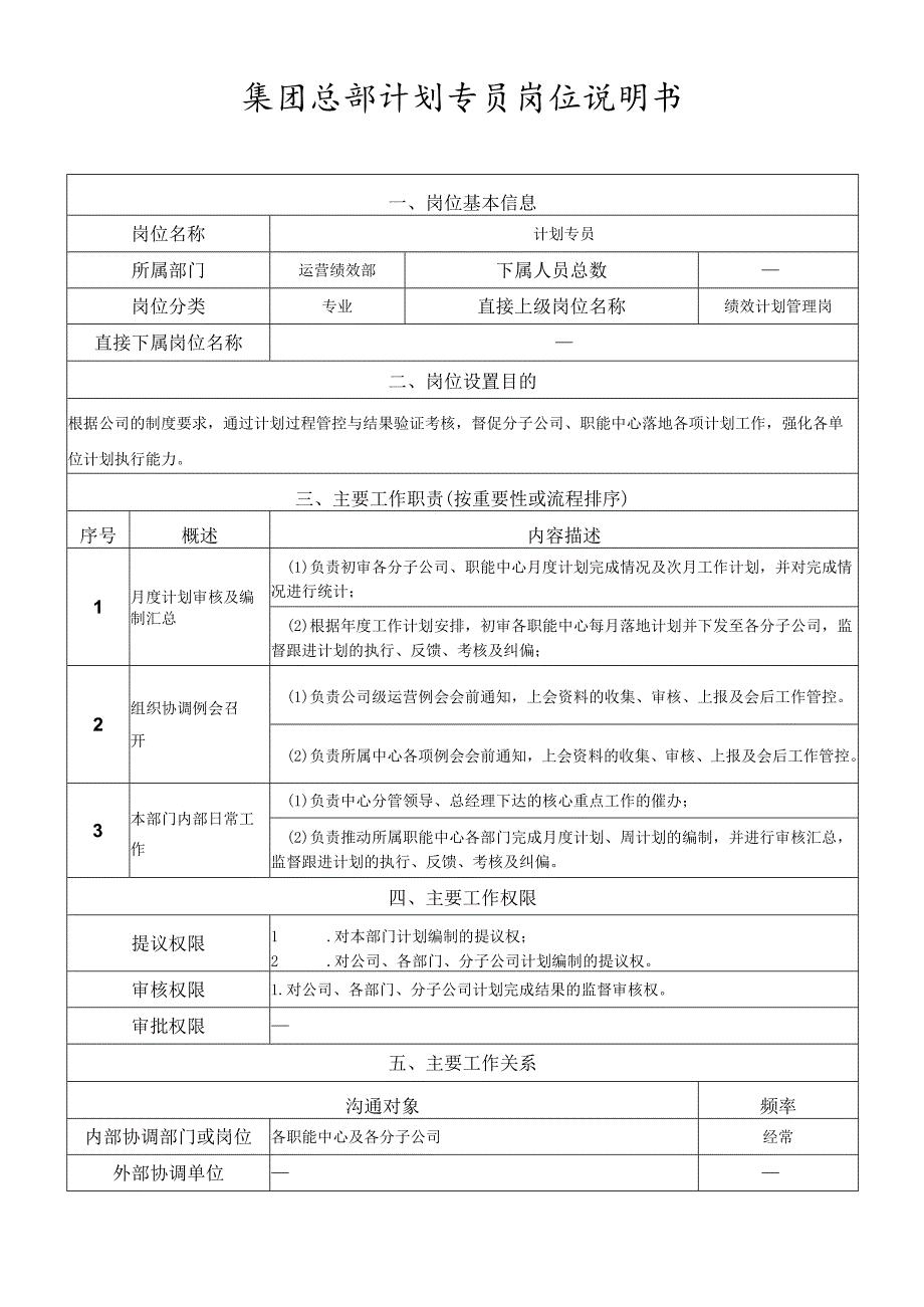 岗位说明书-运营管理中心-计划管理岗（专员）.docx_第1页