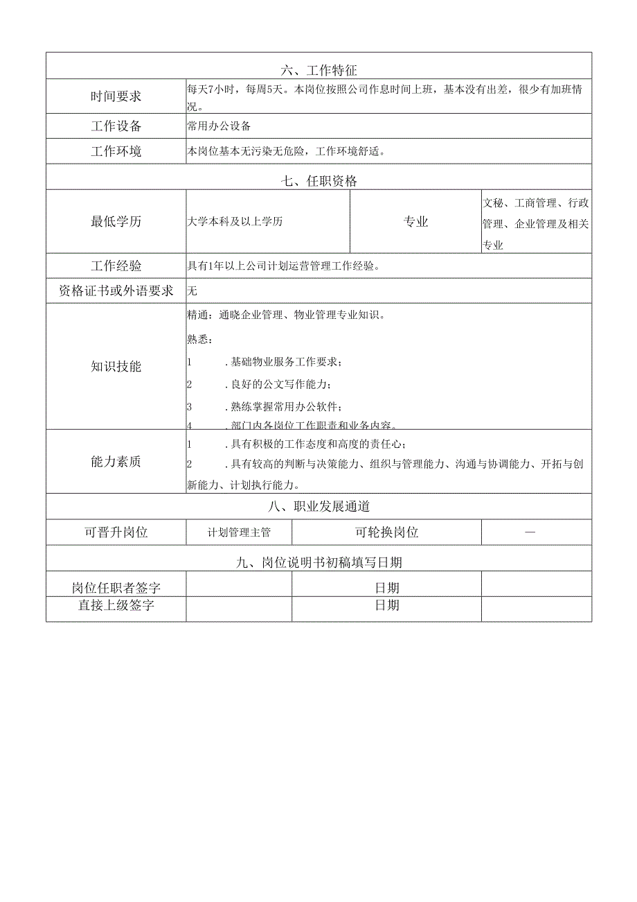 岗位说明书-运营管理中心-计划管理岗（专员）.docx_第2页