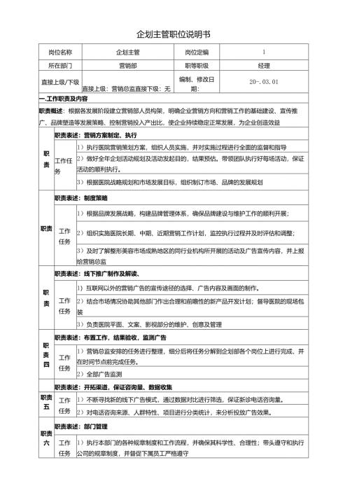 医美整形医院企划主管职位说明书.docx