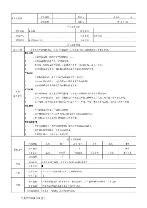 医美整形生美美容师岗位说明书.docx