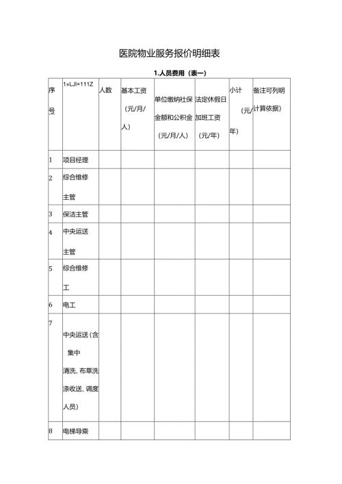 医院物业服务报价明细表.docx
