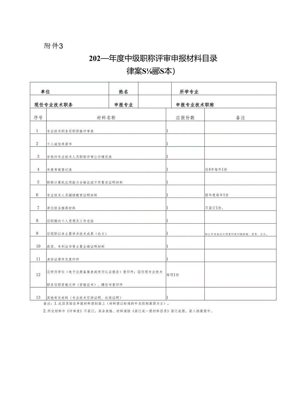 附件3：2024年中级职称评审申报材料目录docx.docx_第1页