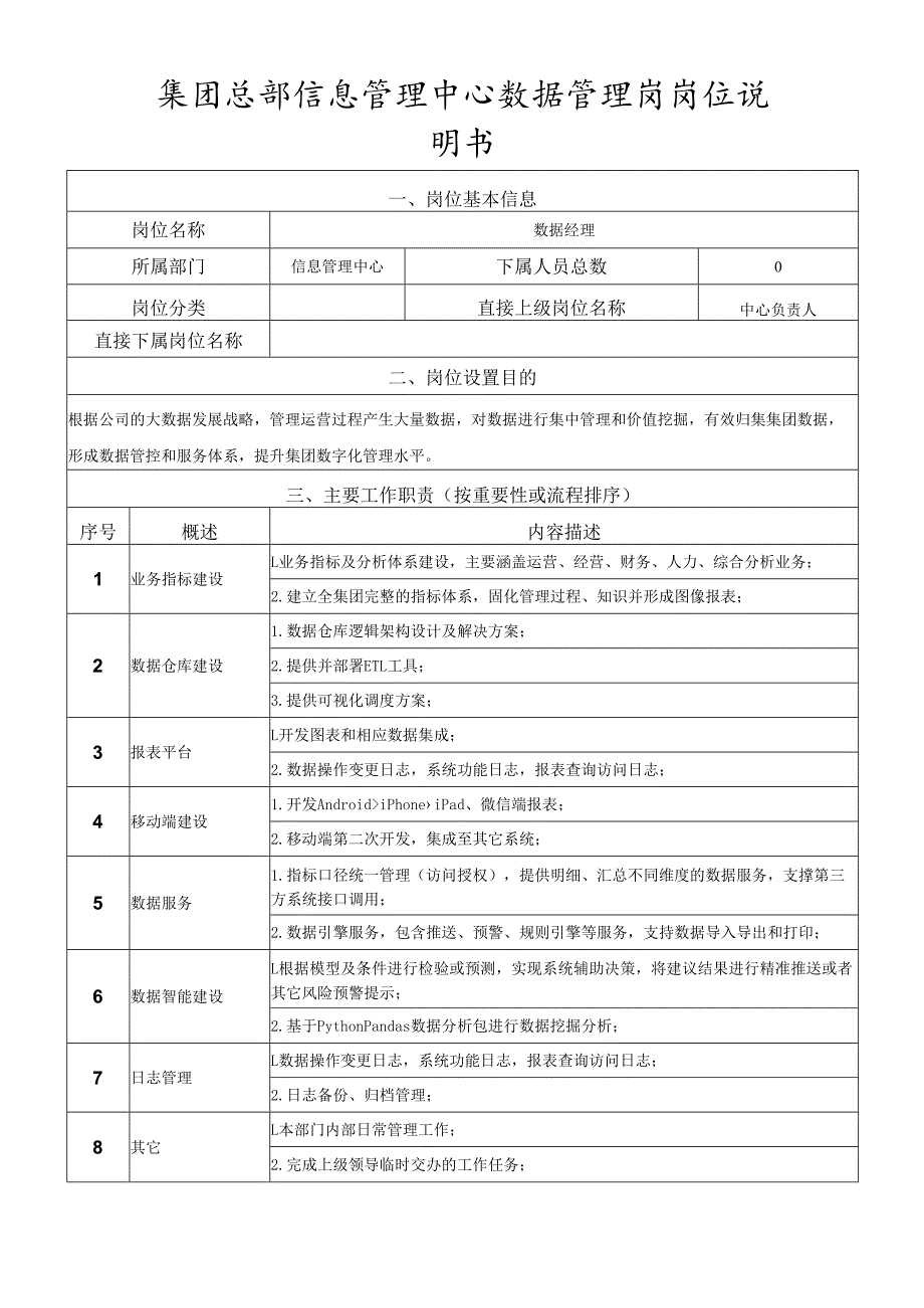 岗位说明书-信息管理中心-数据管理岗.docx_第1页