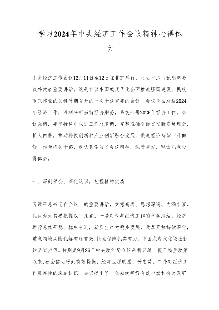 领导讲话：20241220学习2024年中央经济工作会议精神心得体会.docx_第1页
