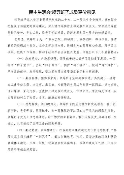 民主生活会：领导班子成员评价意见.docx