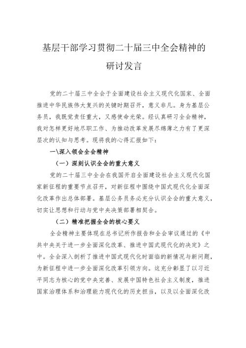 基层干部学习贯彻二十届三中全会精神的研讨发言.docx
