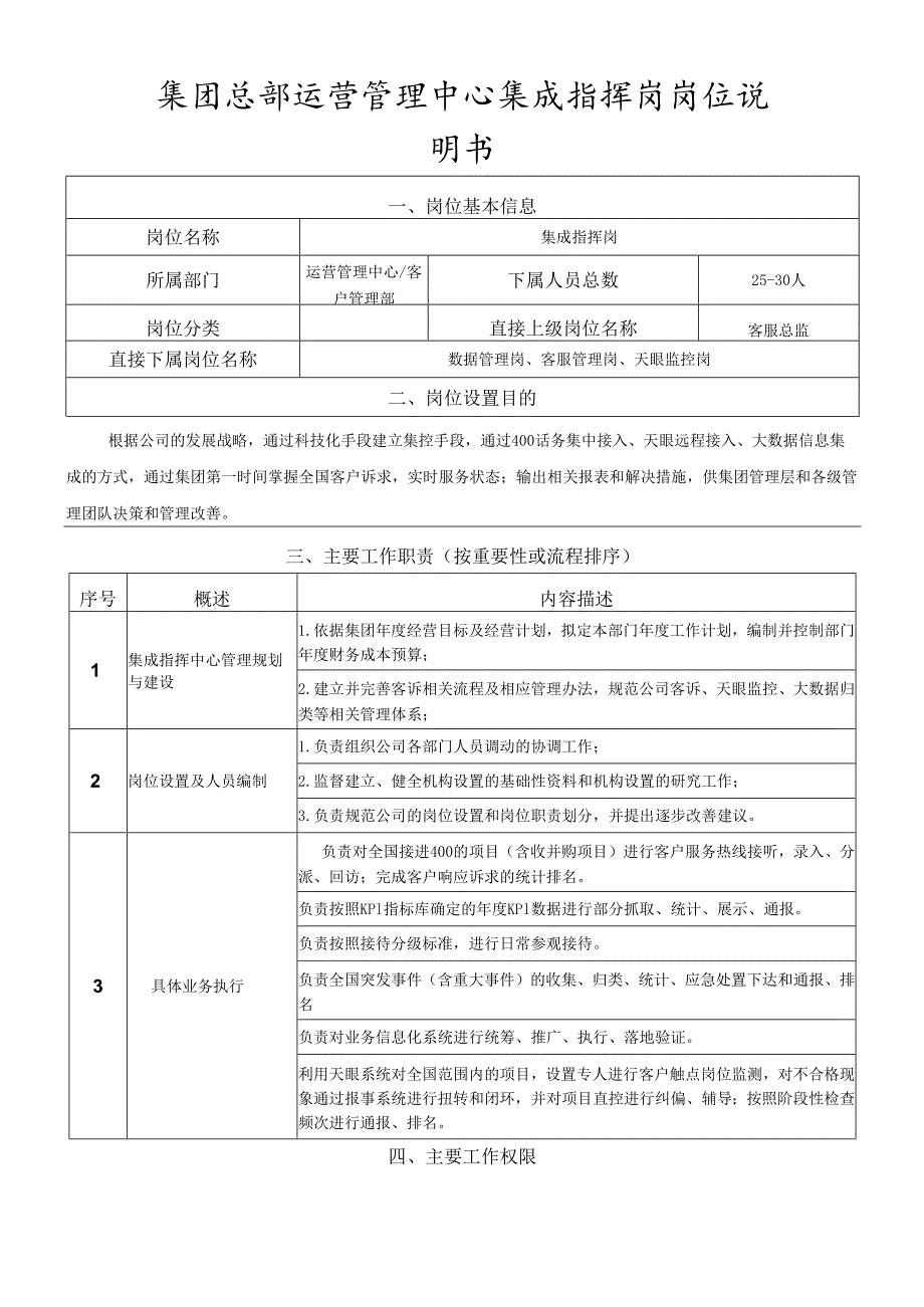 岗位说明书-运营管理中心-集成指挥岗.docx_第1页
