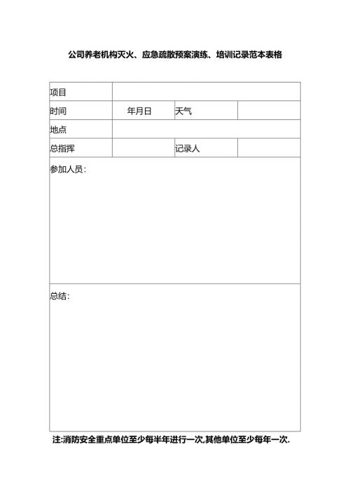 公司养老机构灭火、应急疏散预案演练、培训记录范本表格1-1-5.docx