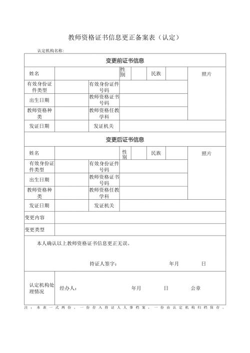 教师资格证书信息更正备案表模板.docx