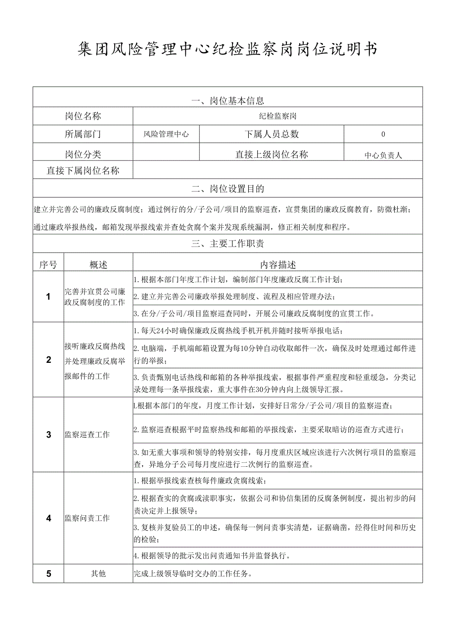 岗位说明书-风险管理中心-纪检监察岗.docx_第1页