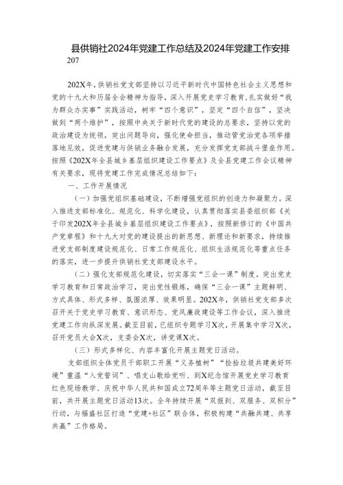 县供销社2024年党建工作总结及2024年党建工作安排.docx