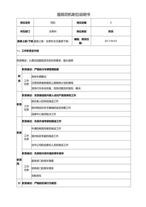 医疗机构医院司机职位说明书.docx