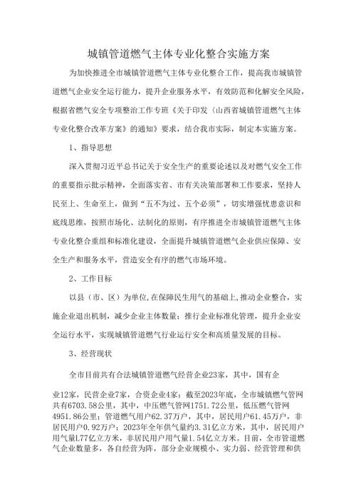 城镇管道燃气主体专业化整合实施方案.docx