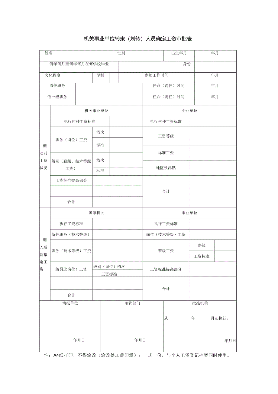 机关事业单位调动工作人员确定工资审批表.docx_第1页