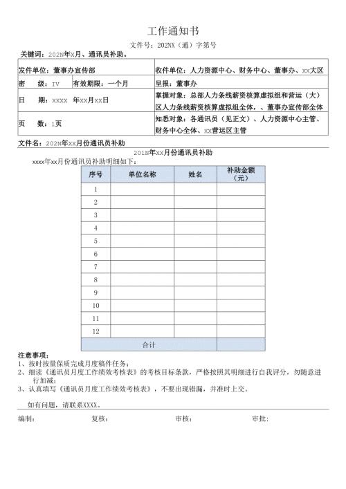 关于员工补助标准的通知模板.docx