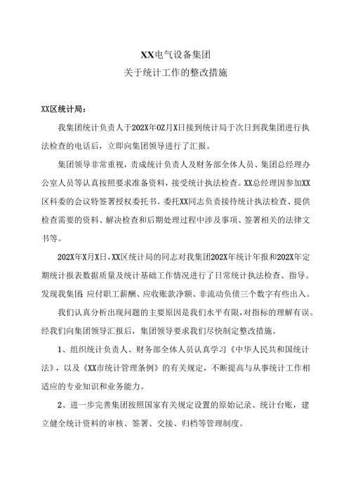 XX电气设备集团关于统计工作的整改措施（2024年）.docx