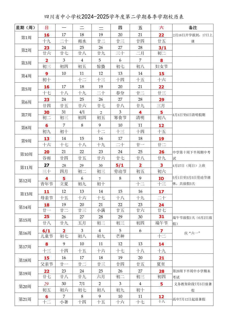 四川省成都自贡攀枝花泸州德阳绵阳广元遂宁内江乐山南充眉山宜宾广安达州雅安巴中资阳市中小学校2024-2025学年度第二学期春季学期校历表.docx_第1页