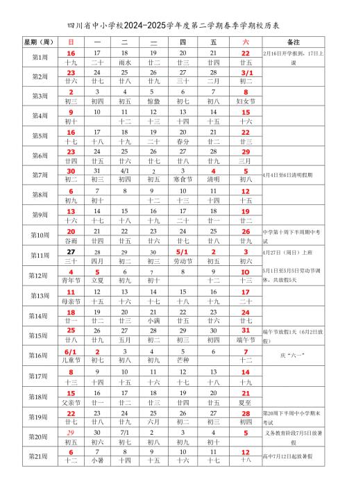 四川省成都自贡攀枝花泸州德阳绵阳广元遂宁内江乐山南充眉山宜宾广安达州雅安巴中资阳市中小学校2024-2025学年度第二学期春季学期校历表.docx